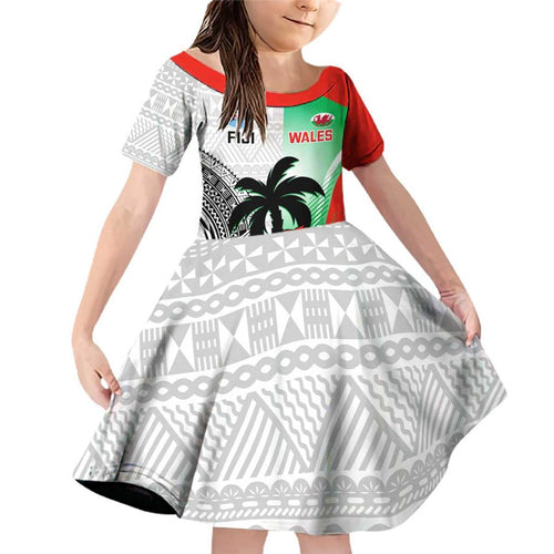 Custom Fiji And Wales Rugby Family Matching Off Shoulder Short Dress and Hawaiian Shirt Fijian Tapa Welsh Mascots Dynamic Version