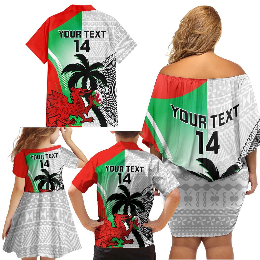 Custom Fiji And Wales Rugby Family Matching Off Shoulder Short Dress and Hawaiian Shirt Fijian Tapa Welsh Mascots Dynamic Version