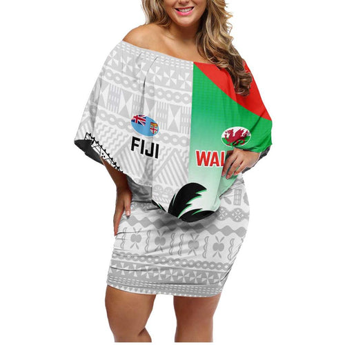 Custom Fiji And Wales Rugby Family Matching Off Shoulder Short Dress and Hawaiian Shirt Fijian Tapa Welsh Mascots Dynamic Version