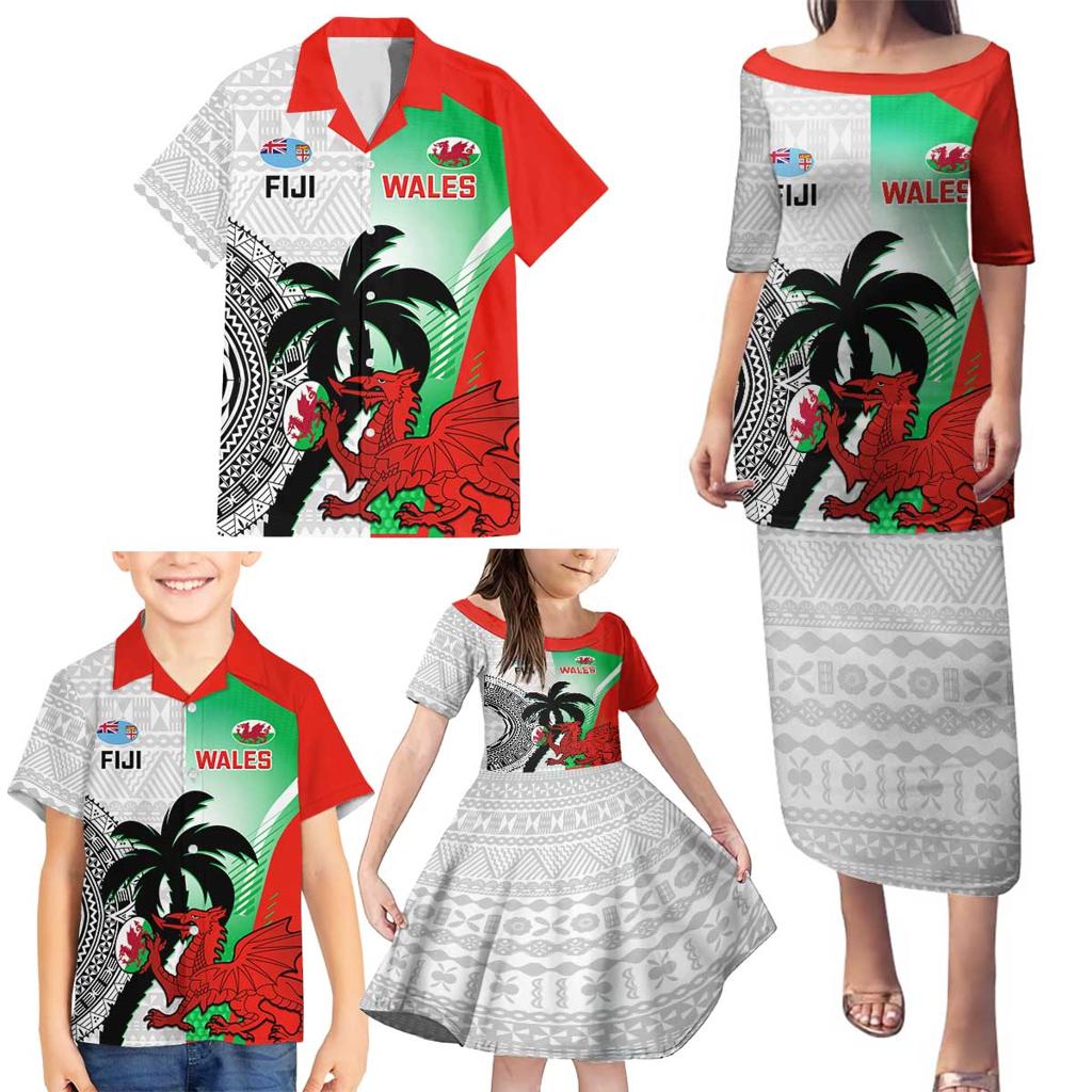 Custom Fiji And Wales Rugby Family Matching Puletasi and Hawaiian Shirt Fijian Tapa Welsh Mascots Dynamic Version