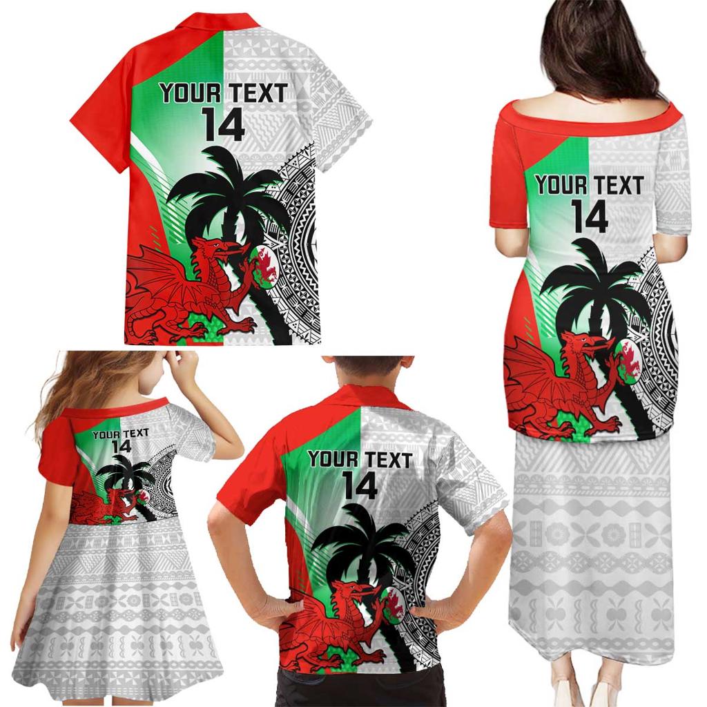 Custom Fiji And Wales Rugby Family Matching Puletasi and Hawaiian Shirt Fijian Tapa Welsh Mascots Dynamic Version