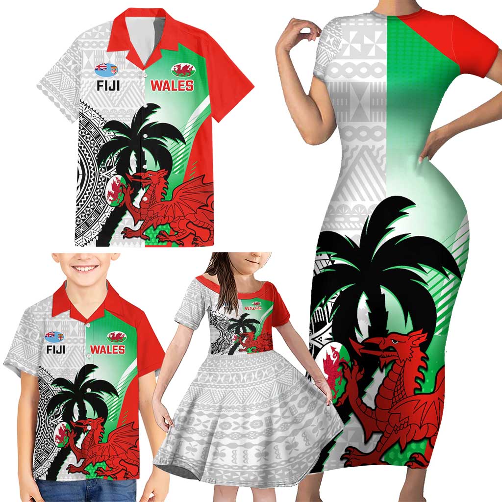 Custom Fiji And Wales Rugby Family Matching Short Sleeve Bodycon Dress and Hawaiian Shirt Fijian Tapa Welsh Mascots Dynamic Version