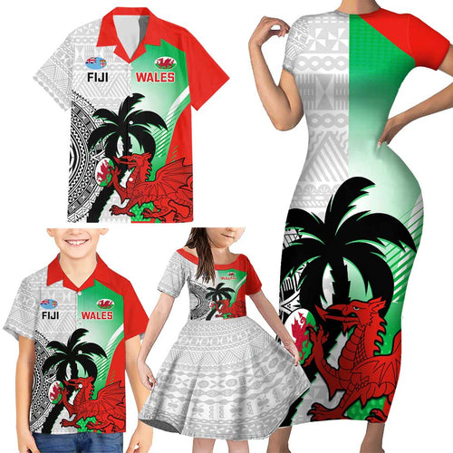Custom Fiji And Wales Rugby Family Matching Short Sleeve Bodycon Dress and Hawaiian Shirt Fijian Tapa Welsh Mascots Dynamic Version
