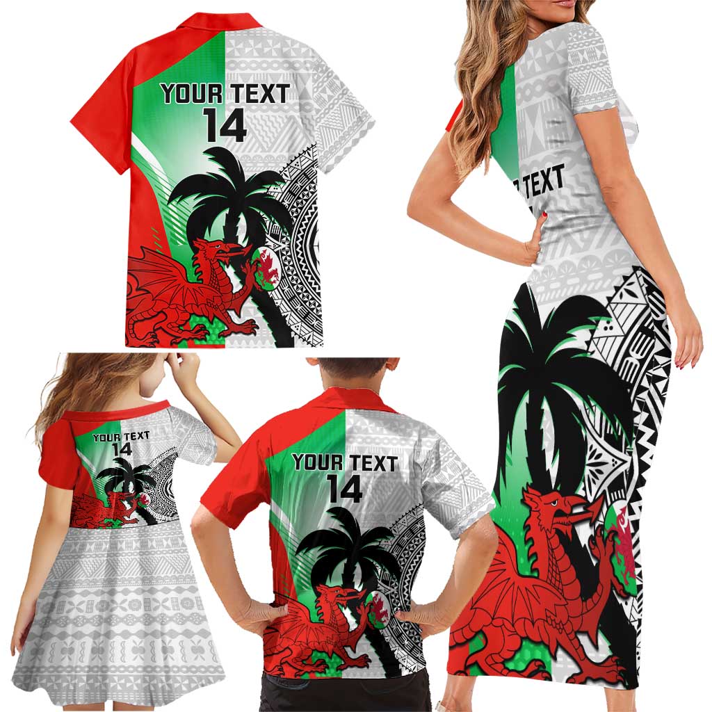 Custom Fiji And Wales Rugby Family Matching Short Sleeve Bodycon Dress and Hawaiian Shirt Fijian Tapa Welsh Mascots Dynamic Version