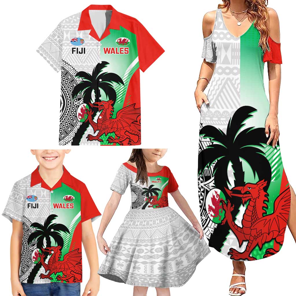 Custom Fiji And Wales Rugby Family Matching Summer Maxi Dress and Hawaiian Shirt Fijian Tapa Welsh Mascots Dynamic Version