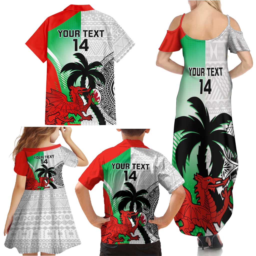Custom Fiji And Wales Rugby Family Matching Summer Maxi Dress and Hawaiian Shirt Fijian Tapa Welsh Mascots Dynamic Version