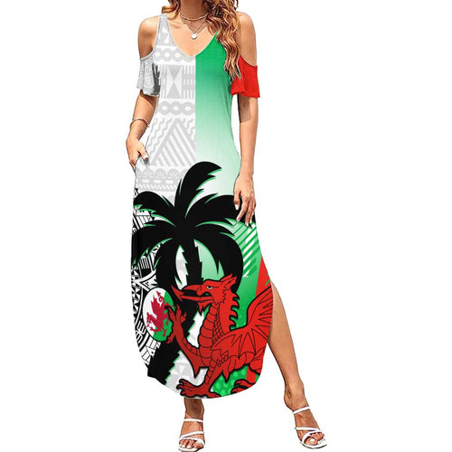 Custom Fiji And Wales Rugby Family Matching Summer Maxi Dress and Hawaiian Shirt Fijian Tapa Welsh Mascots Dynamic Version