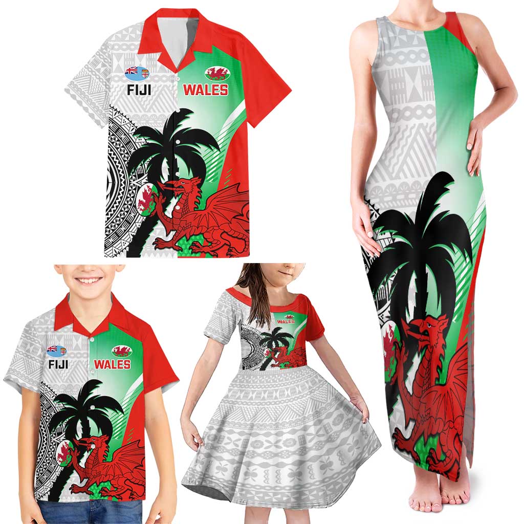 Custom Fiji And Wales Rugby Family Matching Tank Maxi Dress and Hawaiian Shirt Fijian Tapa Welsh Mascots Dynamic Version