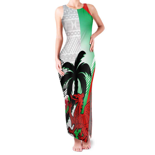 Custom Fiji And Wales Rugby Family Matching Tank Maxi Dress and Hawaiian Shirt Fijian Tapa Welsh Mascots Dynamic Version
