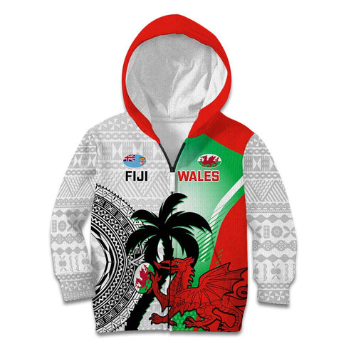 Custom Fiji And Wales Rugby Kid Hoodie Fijian Tapa Welsh Mascots Dynamic Version