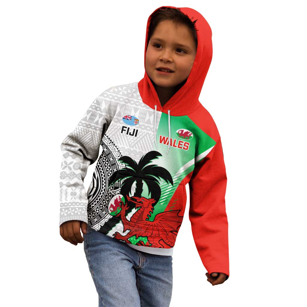 Custom Fiji And Wales Rugby Kid Hoodie Fijian Tapa Welsh Mascots Dynamic Version