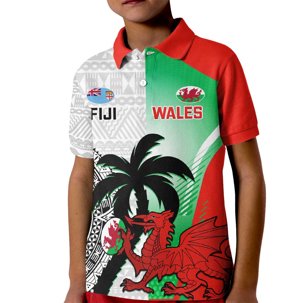 Custom Fiji And Wales Rugby Kid Polo Shirt Fijian Tapa Welsh Mascots Dynamic Version