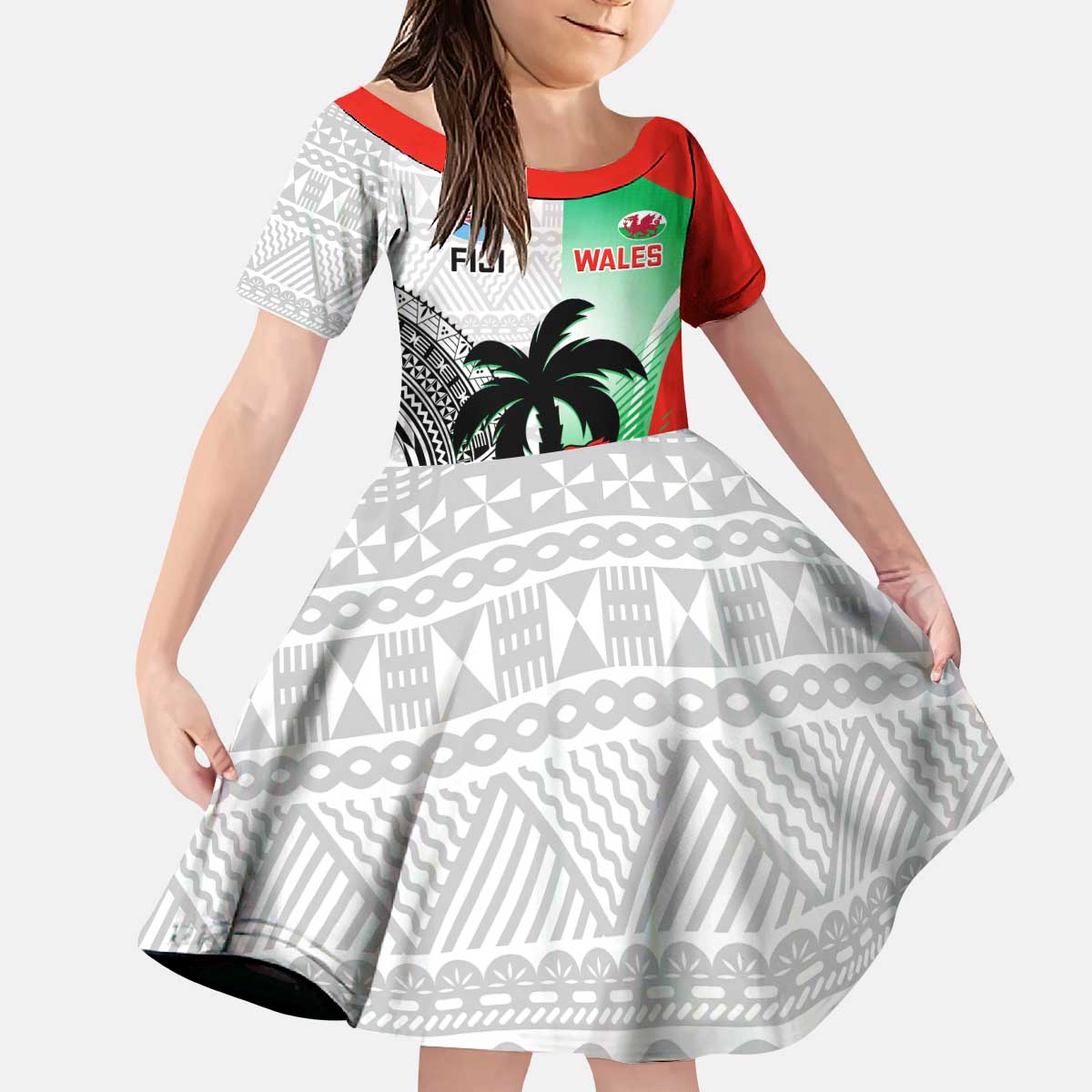 Custom Fiji And Wales Rugby Kid Short Sleeve Dress Fijian Tapa Welsh Mascots Dynamic Version