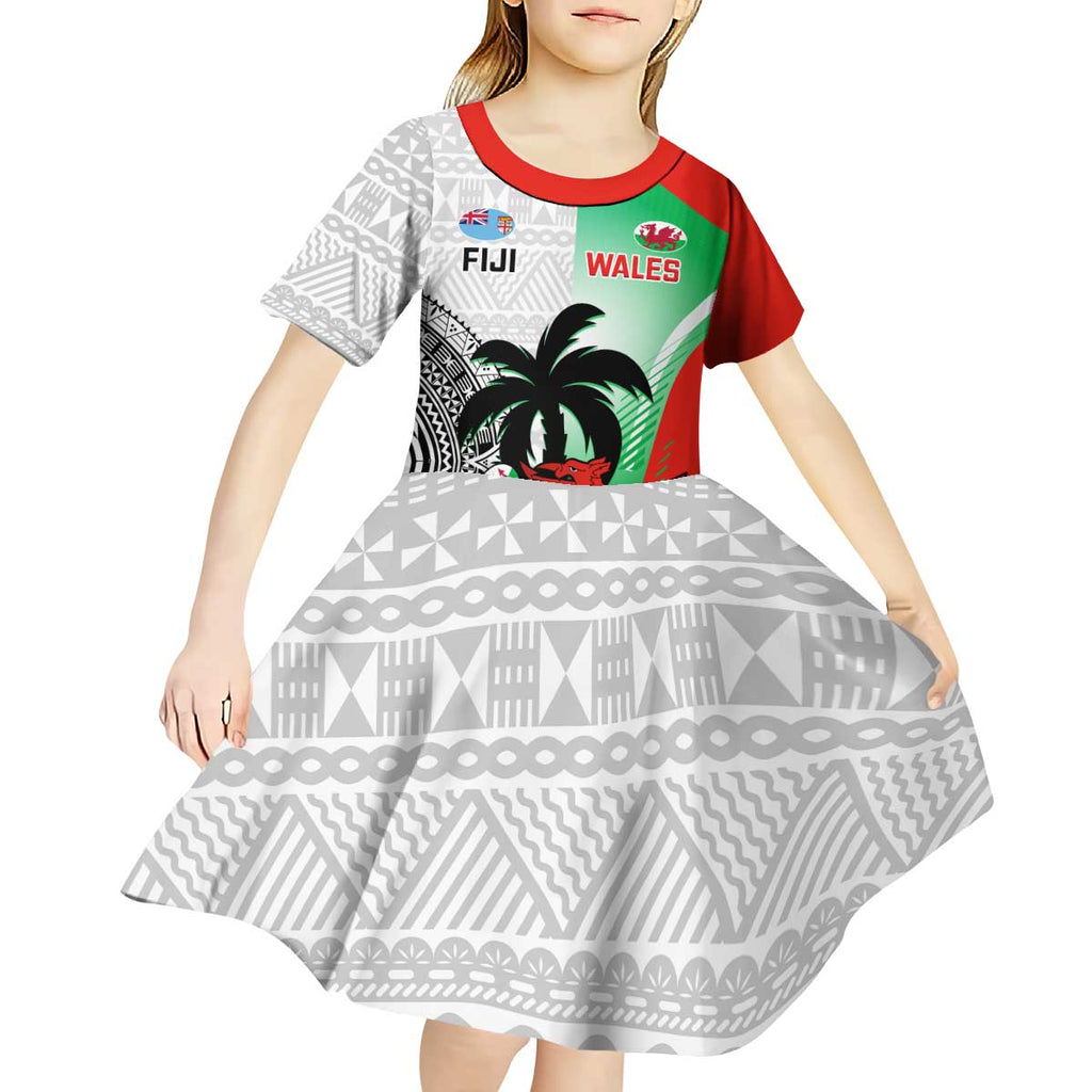 Custom Fiji And Wales Rugby Kid Short Sleeve Dress Fijian Tapa Welsh Mascots Dynamic Version