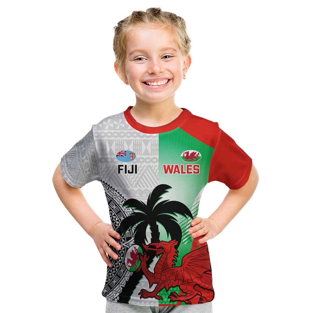 Custom Fiji And Wales Rugby Kid T Shirt Fijian Tapa Welsh Mascots Dynamic Version