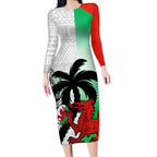 Custom Fiji And Wales Rugby Long Sleeve Bodycon Dress Fijian Tapa Welsh Mascots Dynamic Version