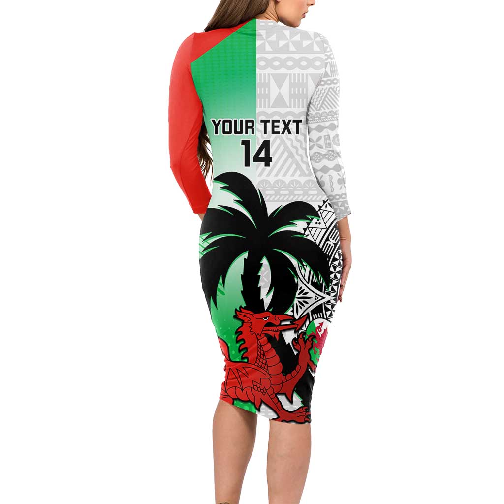 Custom Fiji And Wales Rugby Long Sleeve Bodycon Dress Fijian Tapa Welsh Mascots Dynamic Version
