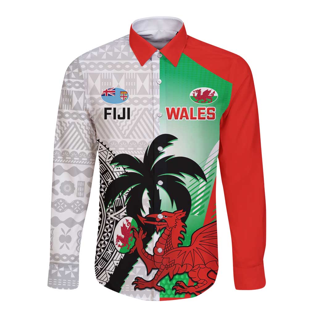Custom Fiji And Wales Rugby Long Sleeve Button Shirt Fijian Tapa Welsh Mascots Dynamic Version
