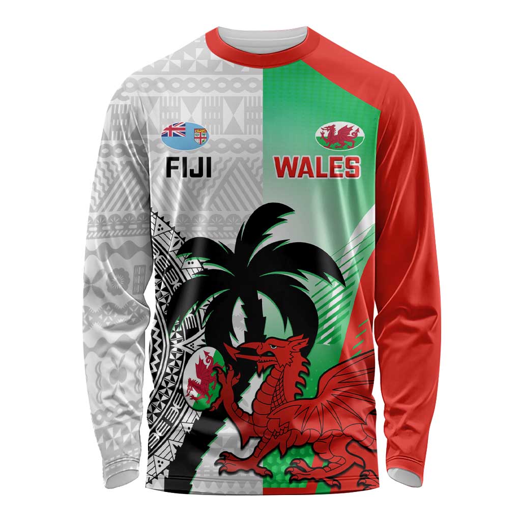 Custom Fiji And Wales Rugby Long Sleeve Shirt Fijian Tapa Welsh Mascots Dynamic Version