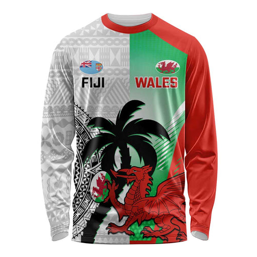 Custom Fiji And Wales Rugby Long Sleeve Shirt Fijian Tapa Welsh Mascots Dynamic Version