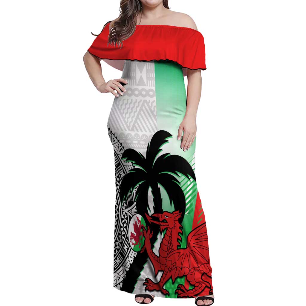 Custom Fiji And Wales Rugby Off Shoulder Maxi Dress Fijian Tapa Welsh Mascots Dynamic Version