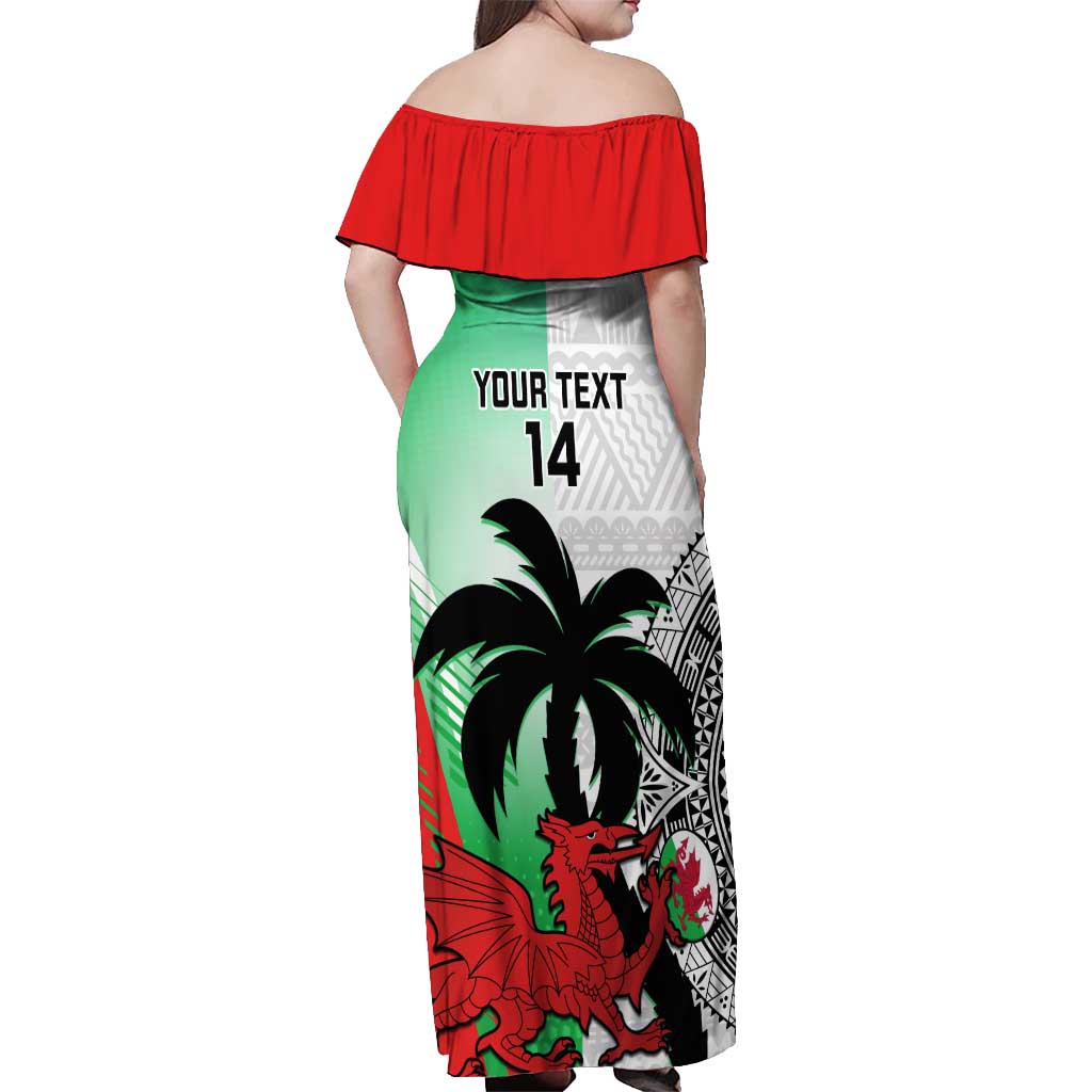 Custom Fiji And Wales Rugby Off Shoulder Maxi Dress Fijian Tapa Welsh Mascots Dynamic Version