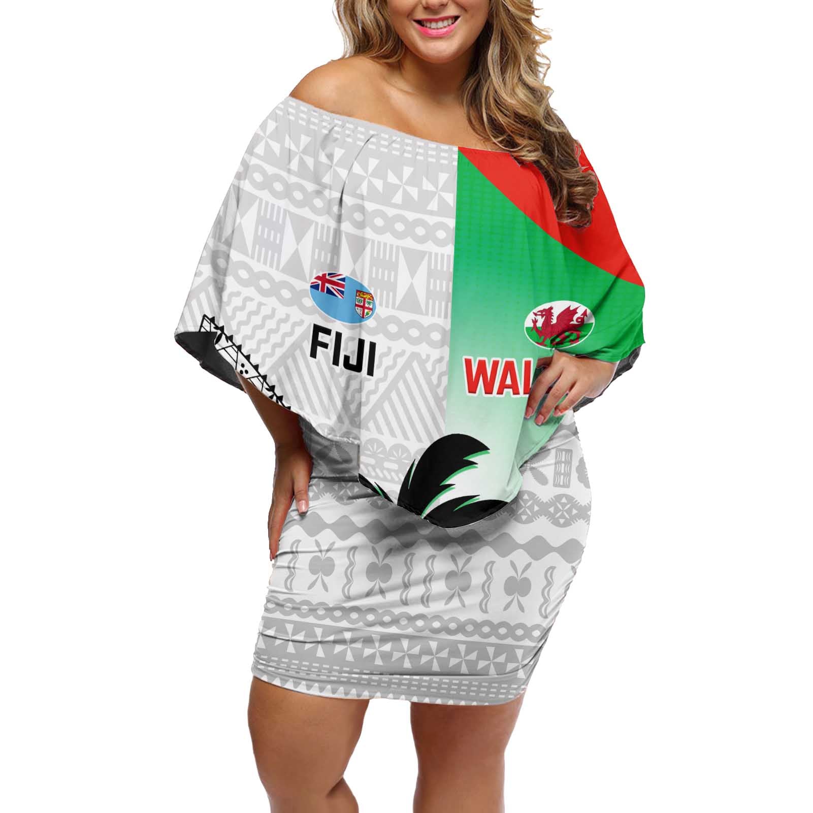 Custom Fiji And Wales Rugby Off Shoulder Short Dress Fijian Tapa Welsh Mascots Dynamic Version