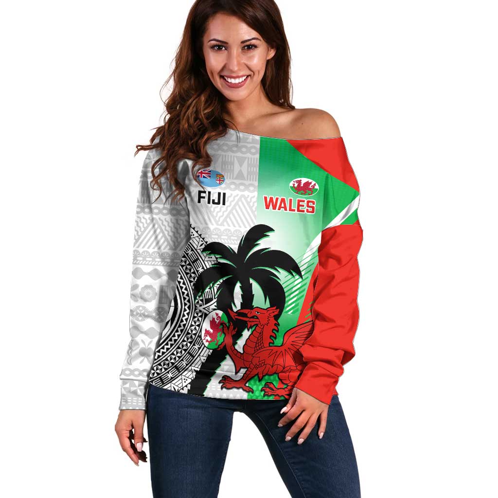 Custom Fiji And Wales Rugby Off Shoulder Sweater Fijian Tapa Welsh Mascots Dynamic Version