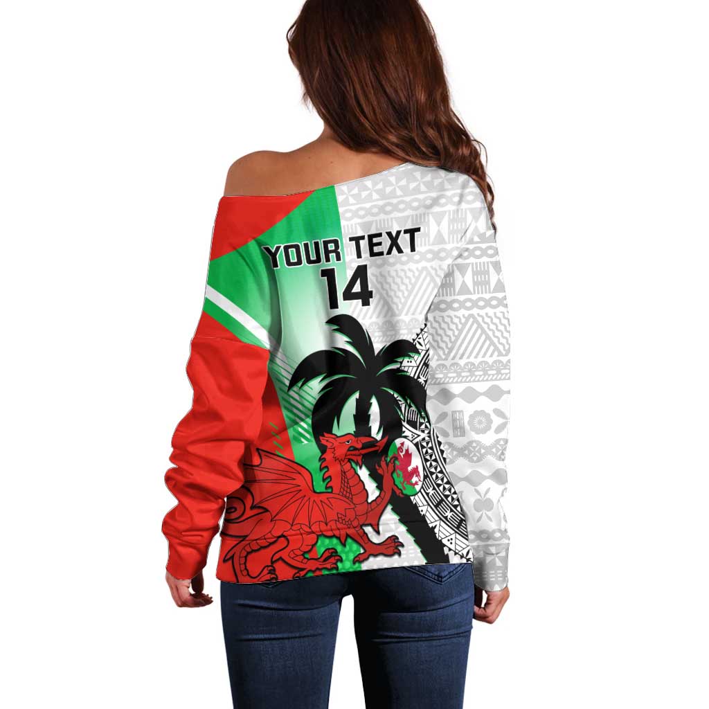 Custom Fiji And Wales Rugby Off Shoulder Sweater Fijian Tapa Welsh Mascots Dynamic Version