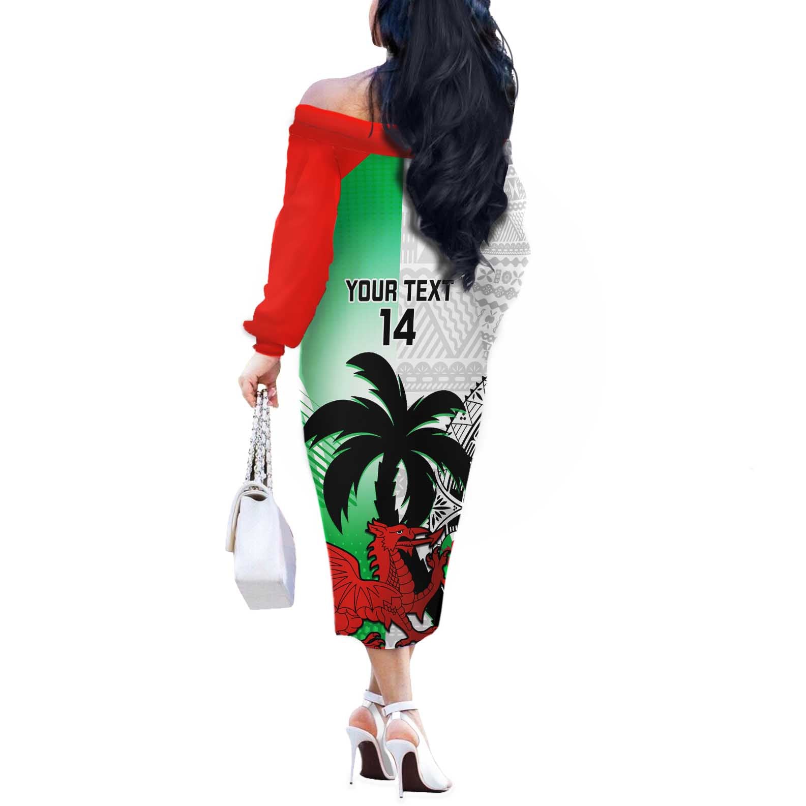 Custom Fiji And Wales Rugby Off The Shoulder Long Sleeve Dress Fijian Tapa Welsh Mascots Dynamic Version