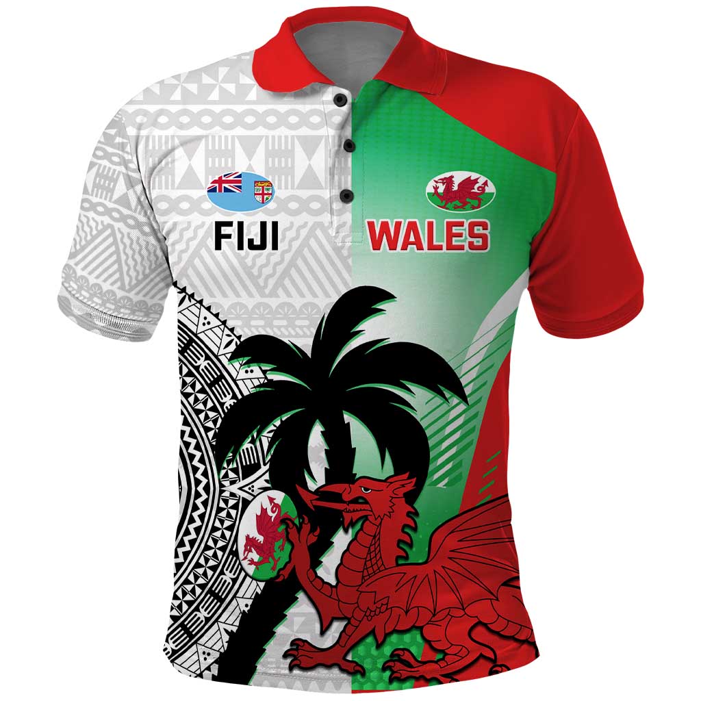 Custom Fiji And Wales Rugby Polo Shirt Fijian Tapa Welsh Mascots Dynamic Version