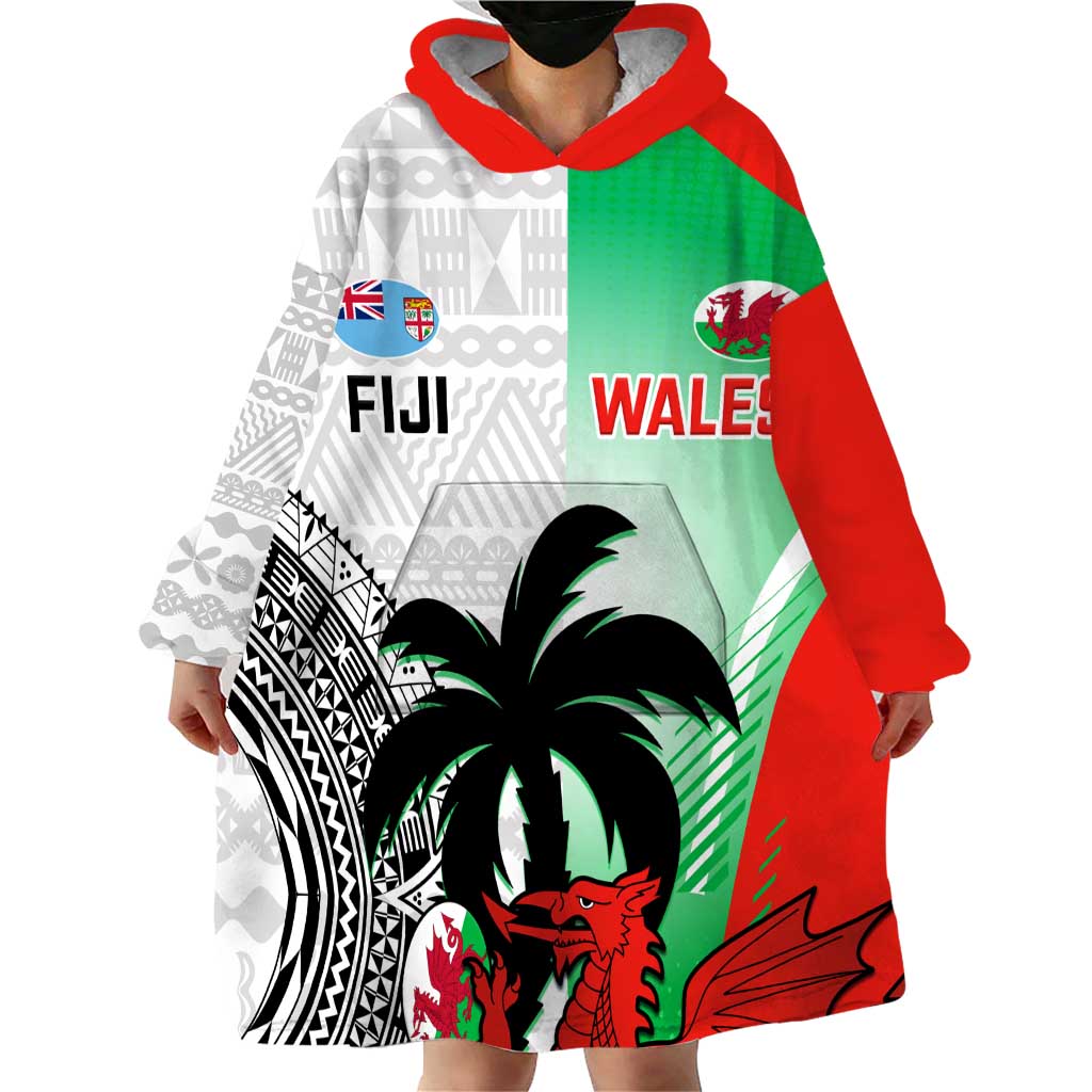 Custom Fiji And Wales Rugby Wearable Blanket Hoodie Fijian Tapa Welsh Mascots Dynamic Version