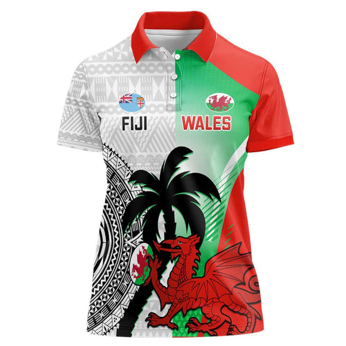Custom Fiji And Wales Rugby Women Polo Shirt Fijian Tapa Welsh Mascots Dynamic Version