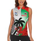 Custom Fiji And Wales Rugby Women Sleeveless Polo Shirt Fijian Tapa Welsh Mascots Dynamic Version