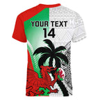 Custom Fiji And Wales Rugby Women V-Neck T-Shirt Fijian Tapa Welsh Mascots Dynamic Version