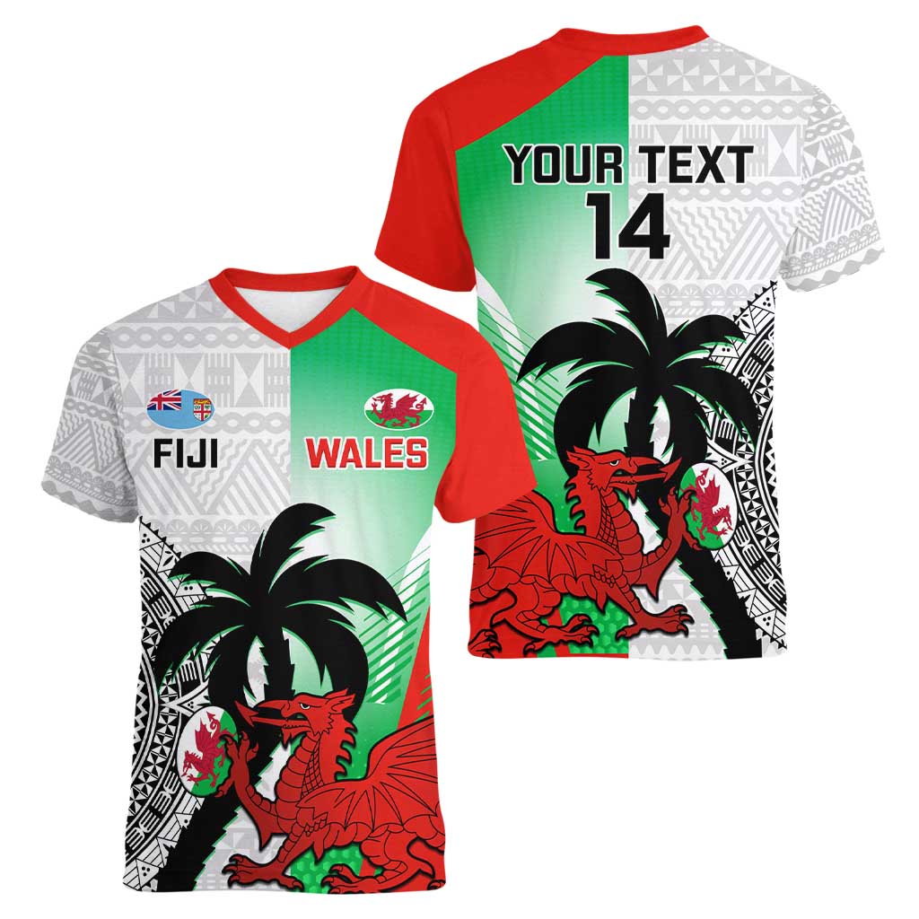 Custom Fiji And Wales Rugby Women V-Neck T-Shirt Fijian Tapa Welsh Mascots Dynamic Version