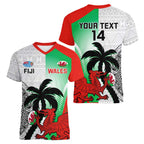 Custom Fiji And Wales Rugby Women V-Neck T-Shirt Fijian Tapa Welsh Mascots Dynamic Version
