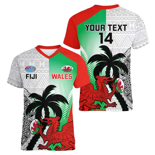 Custom Fiji And Wales Rugby Women V-Neck T-Shirt Fijian Tapa Welsh Mascots Dynamic Version