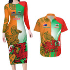 Custom Australia And Wales Rugby Couples Matching Long Sleeve Bodycon Dress and Hawaiian Shirt Wallabies Welsh Mascots Dynamic Version