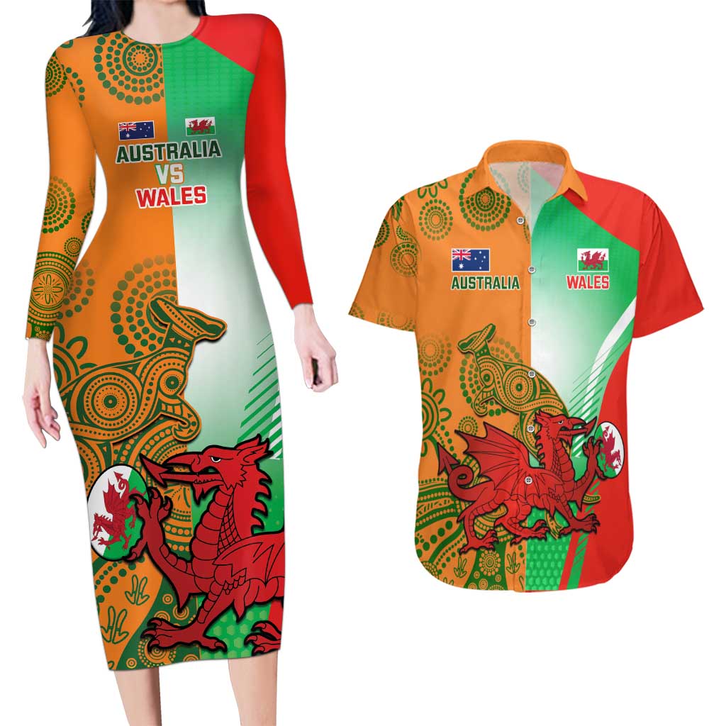 Custom Australia And Wales Rugby Couples Matching Long Sleeve Bodycon Dress and Hawaiian Shirt Wallabies Welsh Mascots Dynamic Version