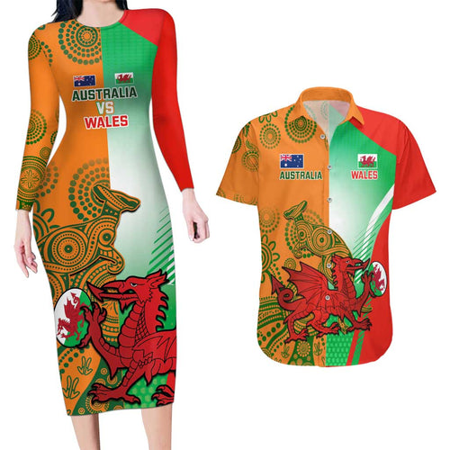 Custom Australia And Wales Rugby Couples Matching Long Sleeve Bodycon Dress and Hawaiian Shirt Wallabies Welsh Mascots Dynamic Version