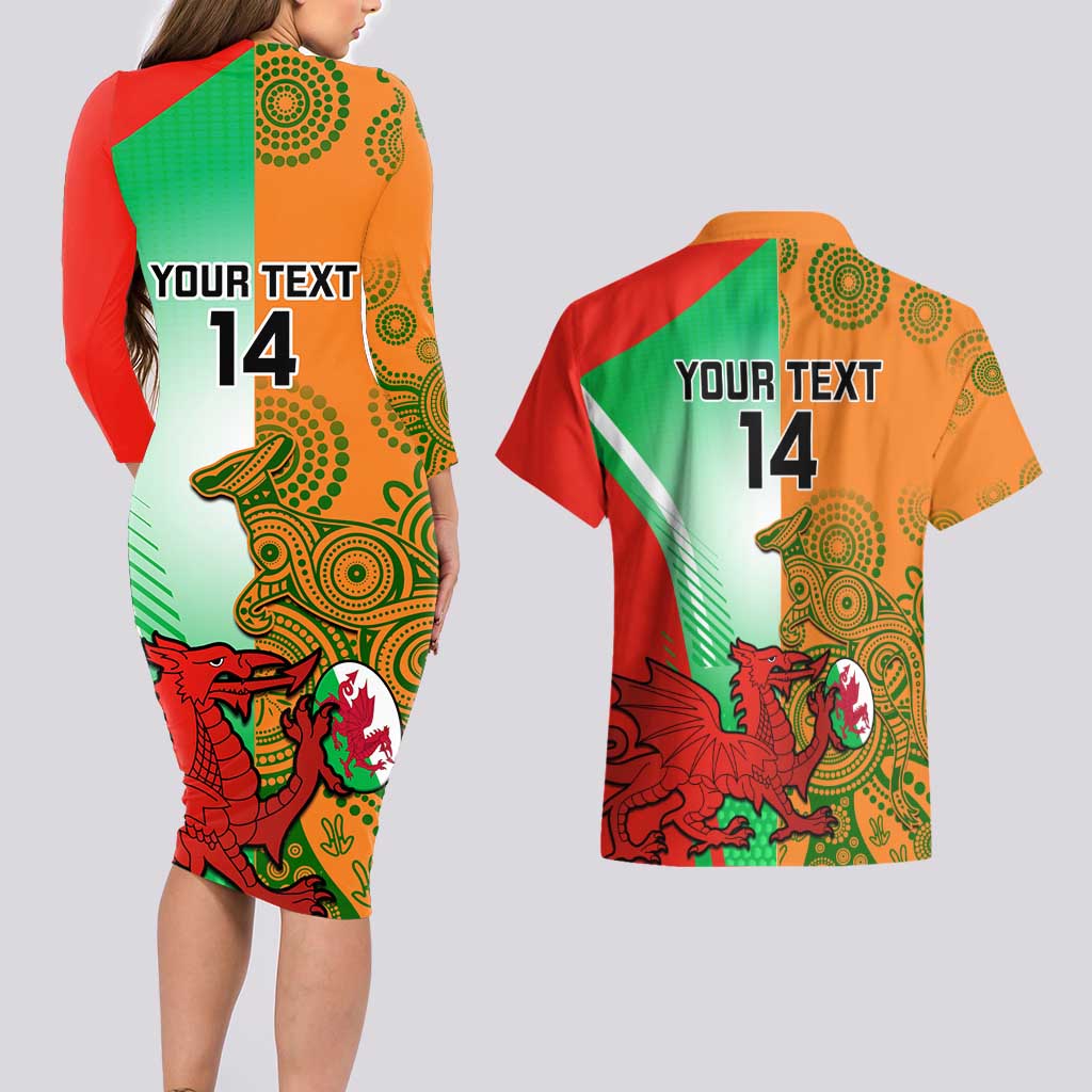 Custom Australia And Wales Rugby Couples Matching Long Sleeve Bodycon Dress and Hawaiian Shirt Wallabies Welsh Mascots Dynamic Version