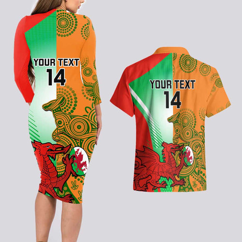Custom Australia And Wales Rugby Couples Matching Long Sleeve Bodycon Dress and Hawaiian Shirt Wallabies Welsh Mascots Dynamic Version