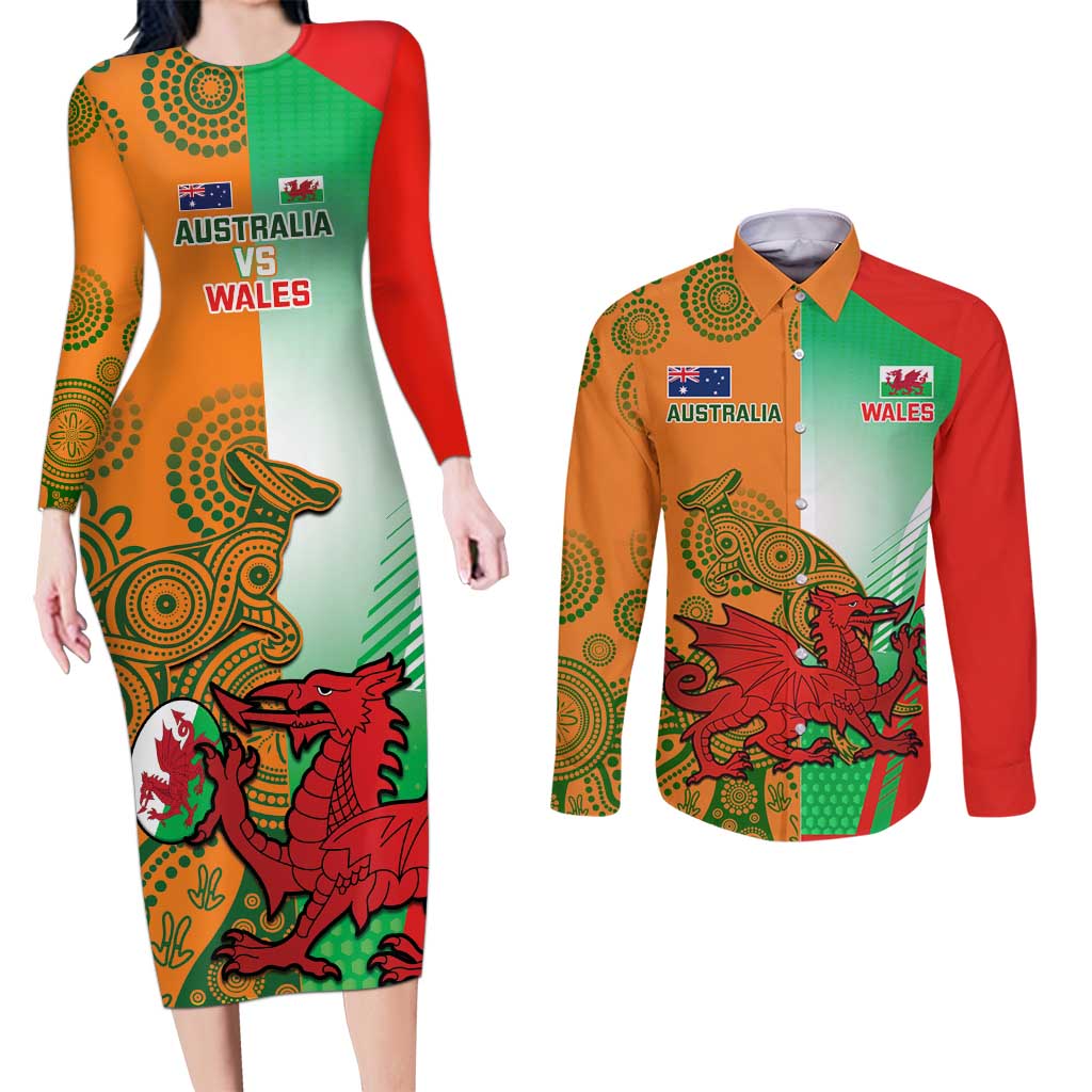 Custom Australia And Wales Rugby Couples Matching Long Sleeve Bodycon Dress and Long Sleeve Button Shirt Wallabies Welsh Mascots Dynamic Version