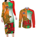Custom Australia And Wales Rugby Couples Matching Long Sleeve Bodycon Dress and Long Sleeve Button Shirt Wallabies Welsh Mascots Dynamic Version