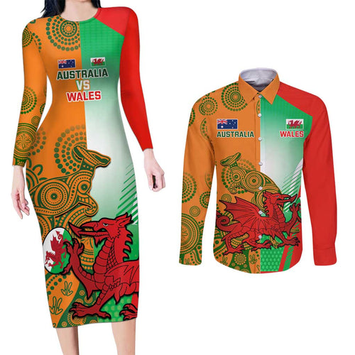 Custom Australia And Wales Rugby Couples Matching Long Sleeve Bodycon Dress and Long Sleeve Button Shirt Wallabies Welsh Mascots Dynamic Version