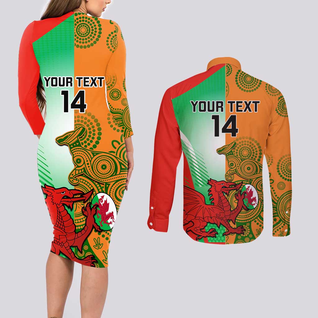 Custom Australia And Wales Rugby Couples Matching Long Sleeve Bodycon Dress and Long Sleeve Button Shirt Wallabies Welsh Mascots Dynamic Version