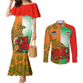 Custom Australia And Wales Rugby Couples Matching Mermaid Dress and Long Sleeve Button Shirt Wallabies Welsh Mascots Dynamic Version