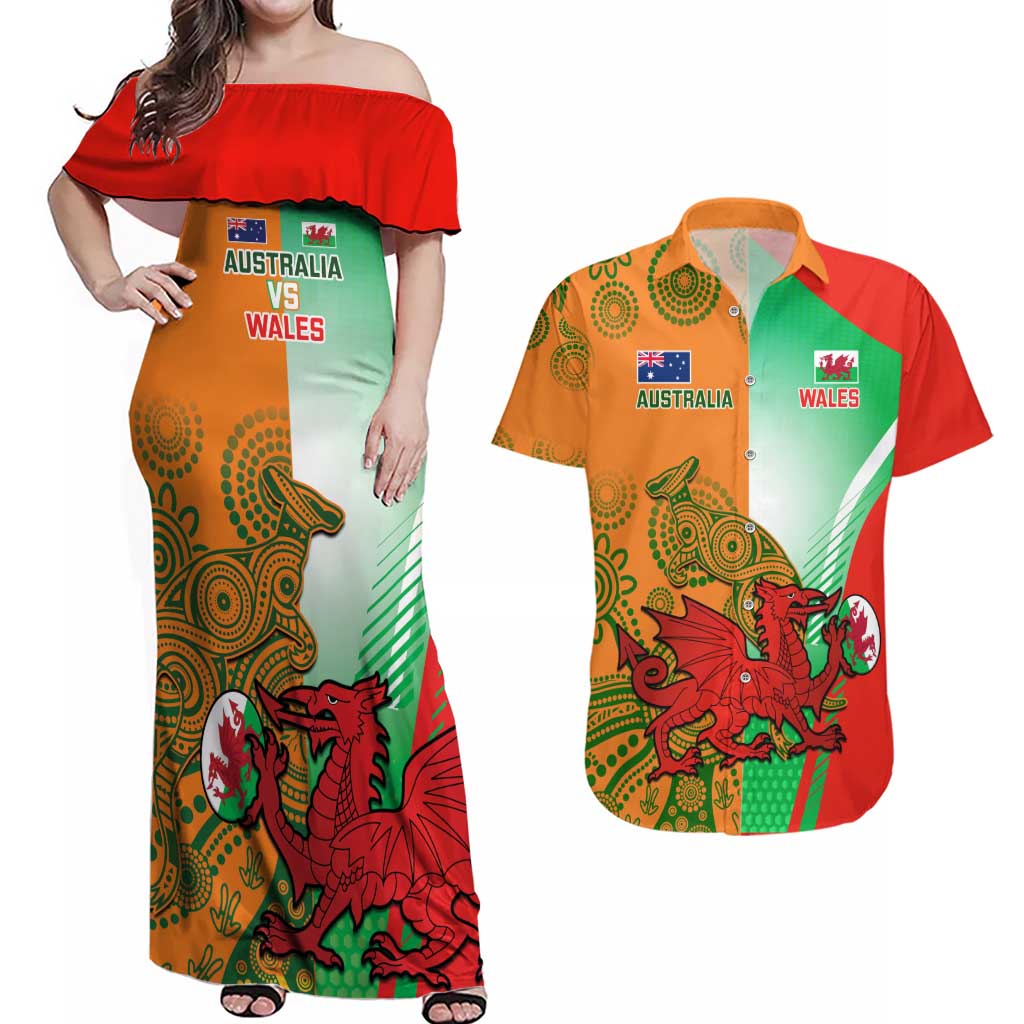Custom Australia And Wales Rugby Couples Matching Off Shoulder Maxi Dress and Hawaiian Shirt Wallabies Welsh Mascots Dynamic Version