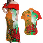 Custom Australia And Wales Rugby Couples Matching Off Shoulder Maxi Dress and Hawaiian Shirt Wallabies Welsh Mascots Dynamic Version